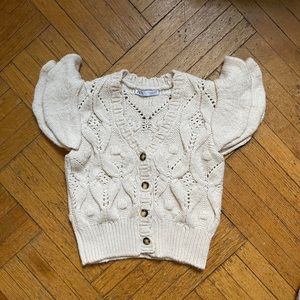 Zara cream short sleeve sweater button down with flouncy sleeves